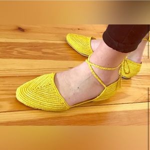 Anthropologie Proud Mary yellow Raffia Woven tie up Flats 8